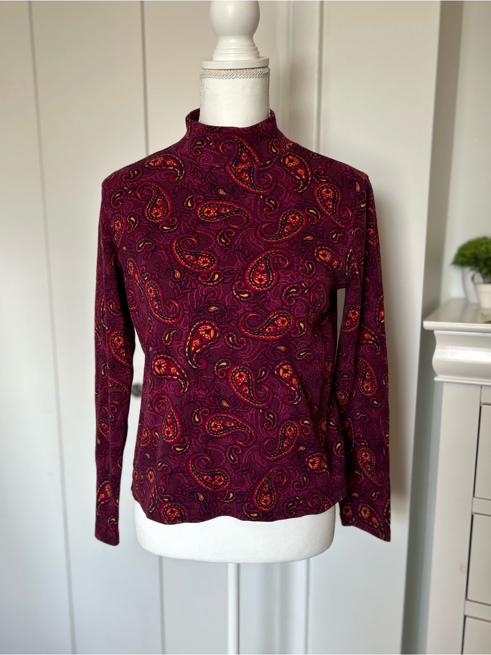 Studio Works Burgundy Paisley Mock Neck Long Sleeve Top